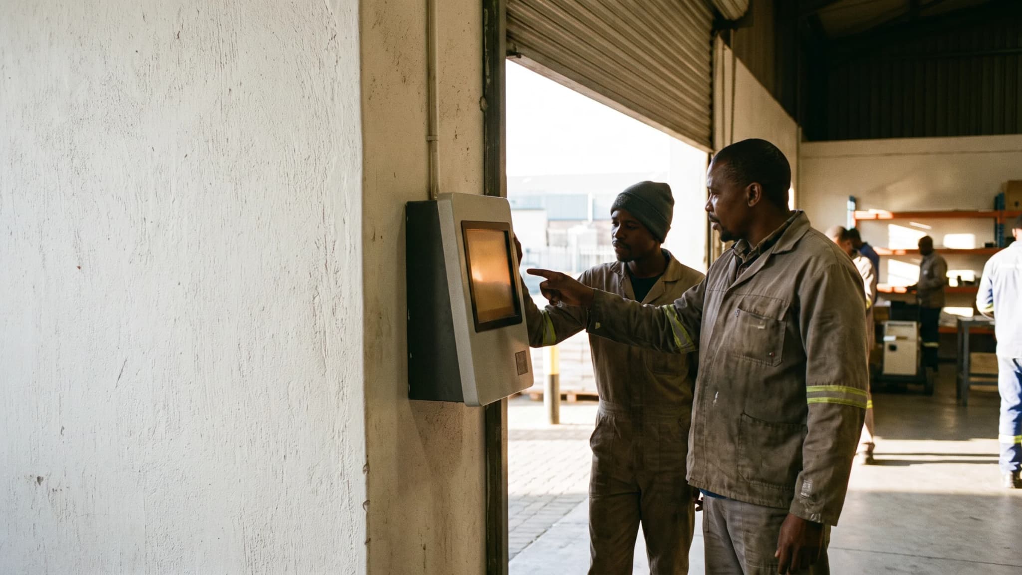 A supervisor showing a worker how to use a facial terminal inside a warehouse door