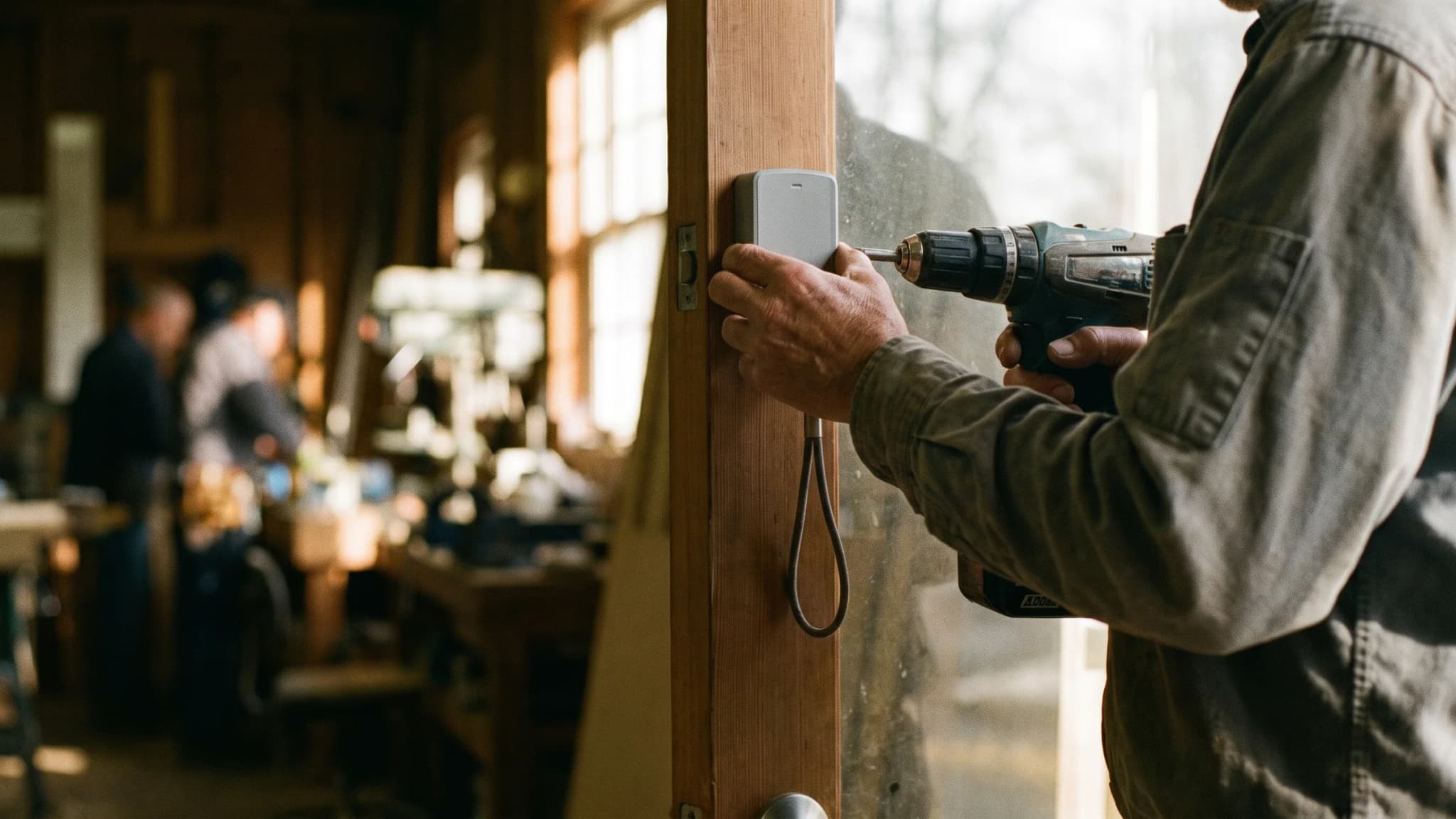 An installer's hands mounting a small biometric reader onto a door frame