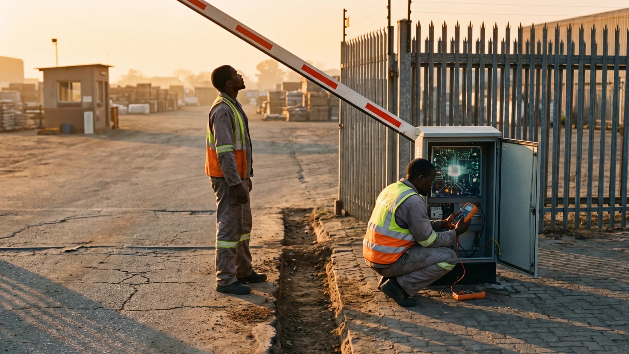 Two installers commissioning a boom barrier at a site entrance, one at the open control cabinet