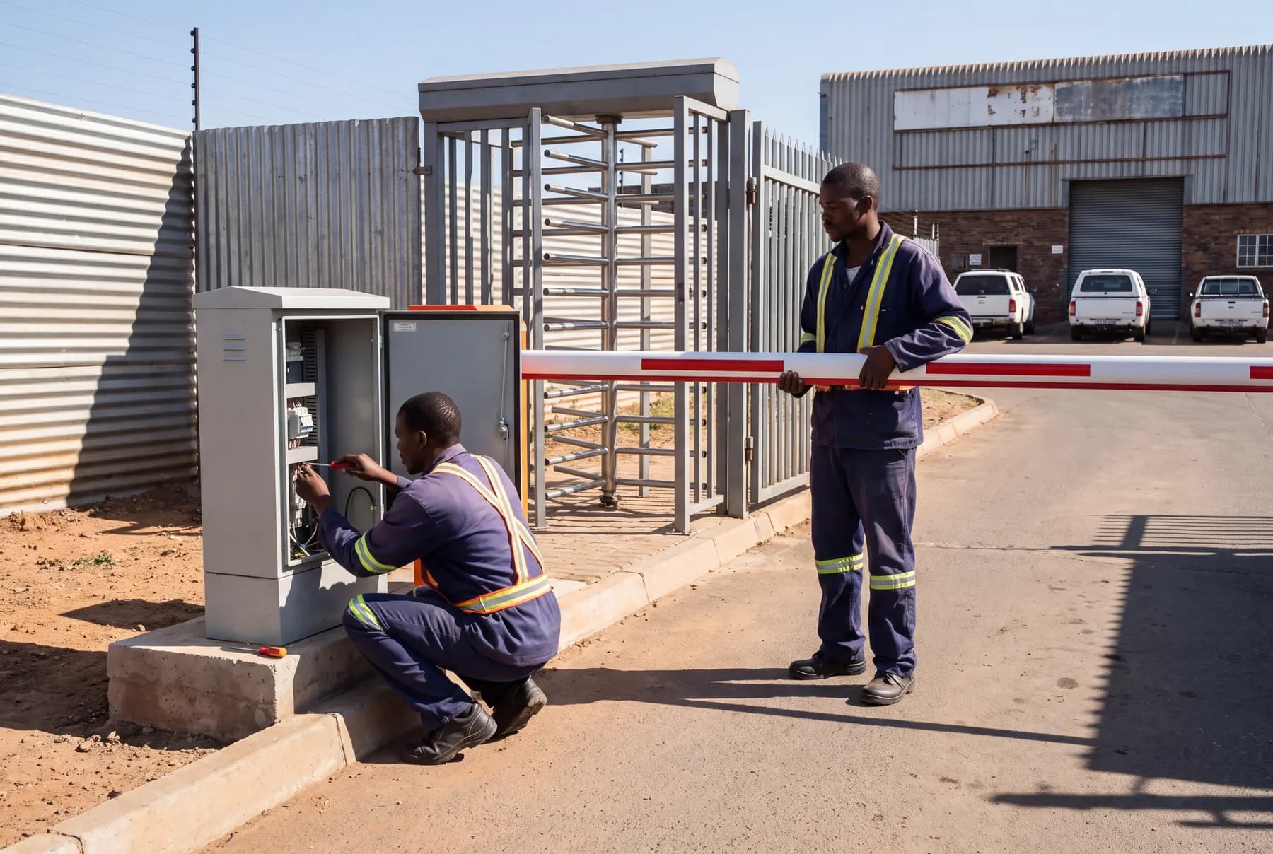 Installers commissioning a boom barrier beside a pedestrian turnstile