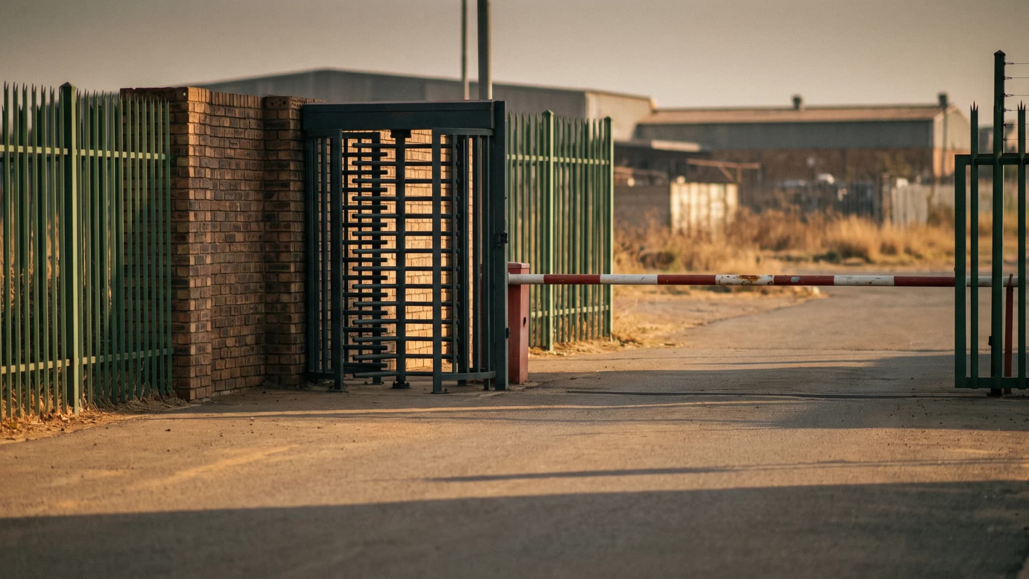 A full-height turnstile built into a boundary wall beside a vehicle lane with a lowered boom