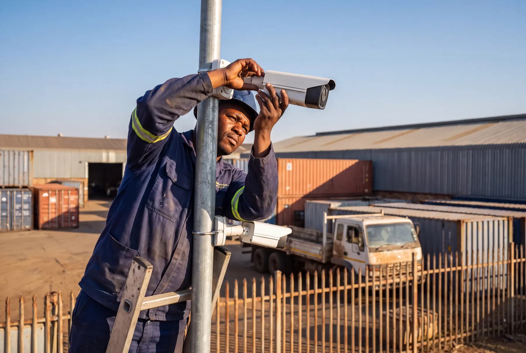An Atex technician mounting a CCTV camera on a pole at a customer site