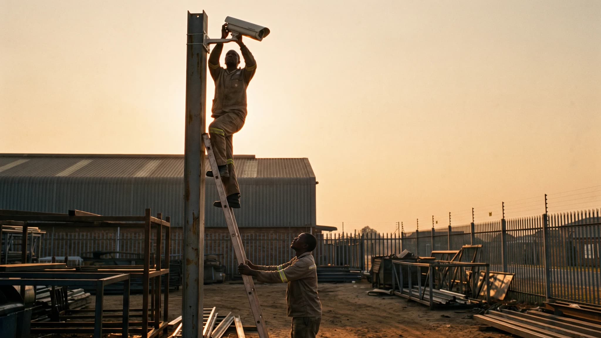 A technician on a ladder aligning a bullet camera at the top of a pole in an industrial yard