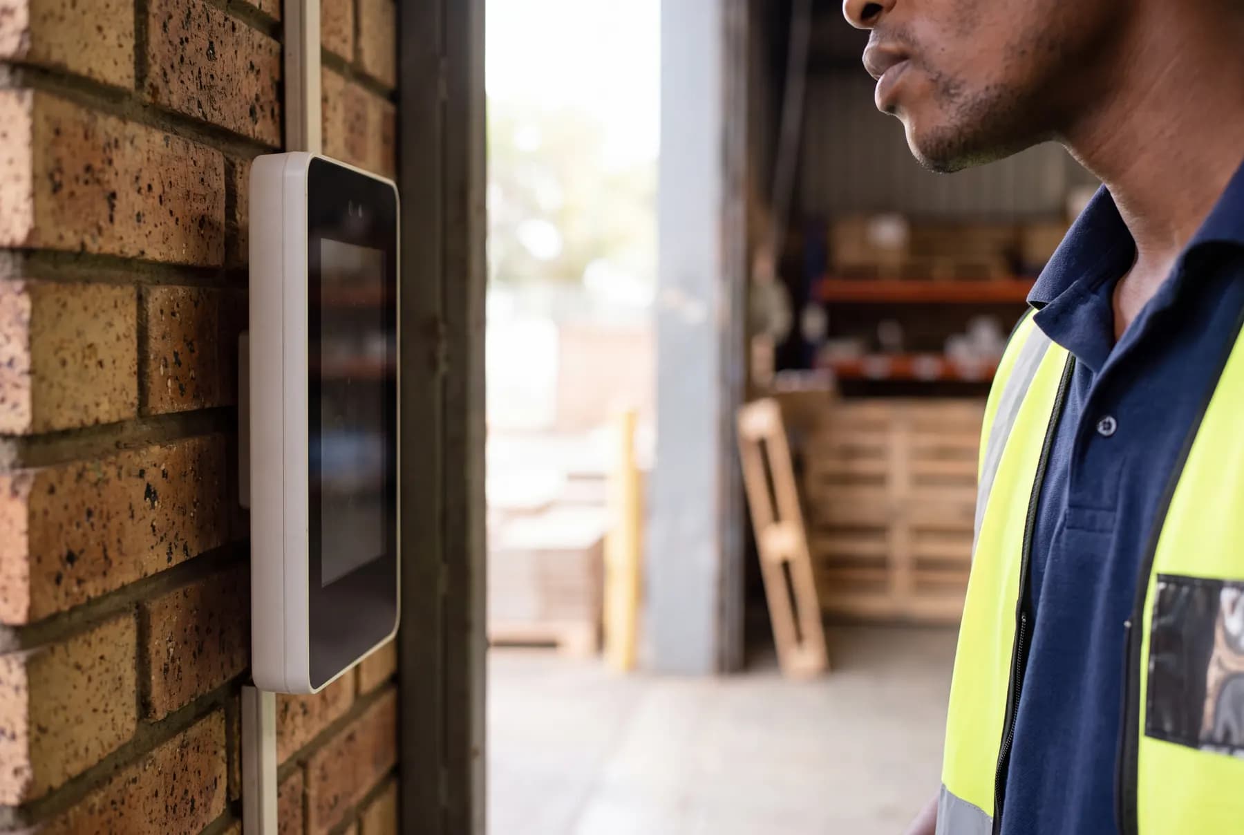 A wall-mounted facial recognition terminal beside a warehouse staff door