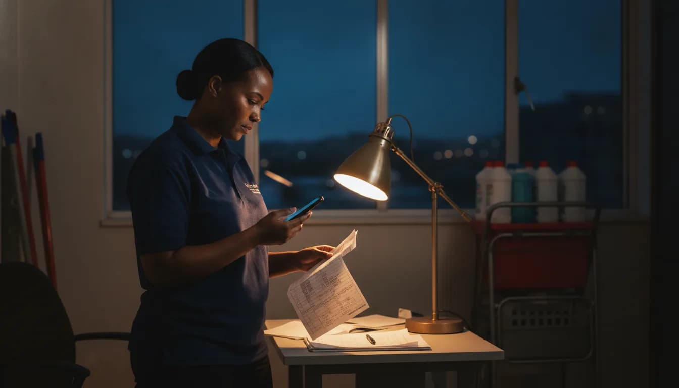A cleaning supervisor checking a printed timesheet against her phone at night