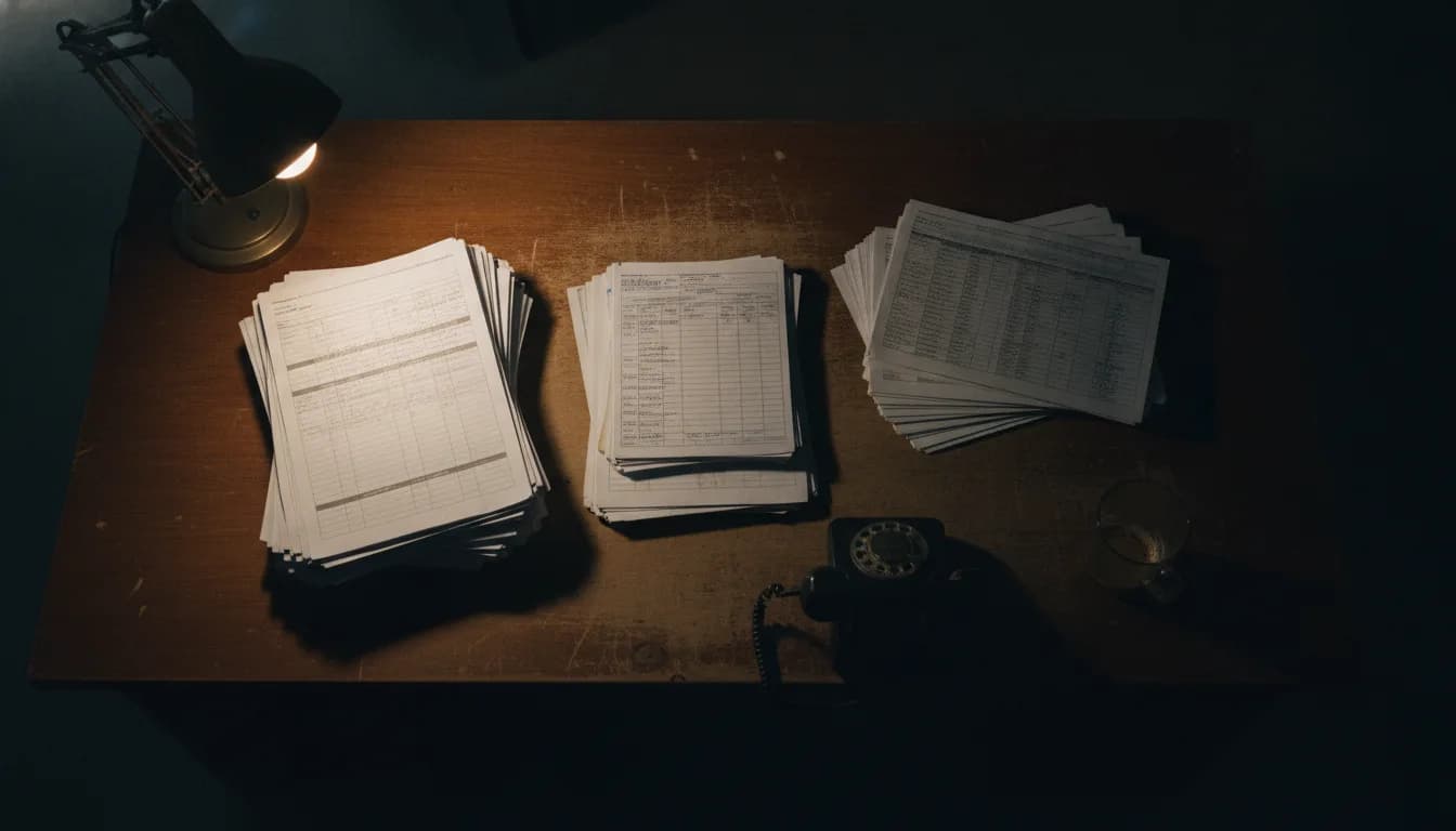 Three separate stacks of rosters, registers and payroll printouts on a desk