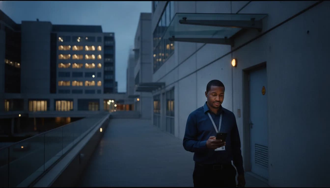 A facilities manager walking between two lit office buildings at dusk