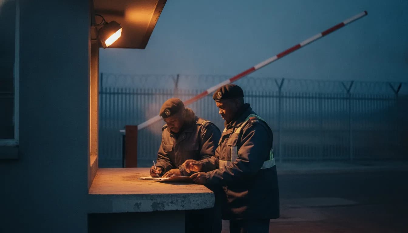Two security guards signing a handover at a site gate at first light