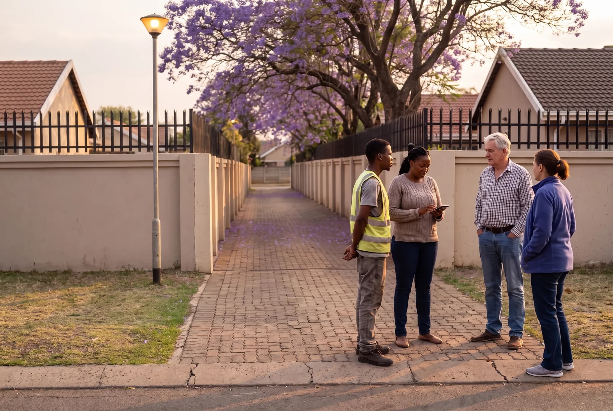 Four neighbours standing together at the end of a driveway on a suburban street at dusk, one holding a phone