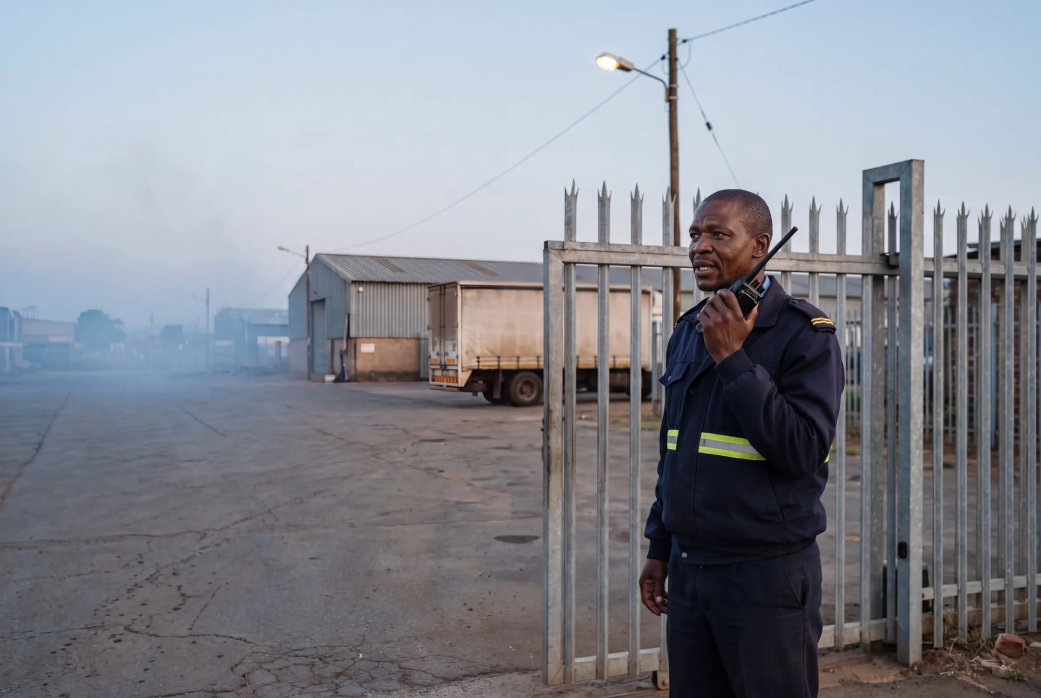 A security guard on his radio at the vehicle gate of an industrial yard at dusk