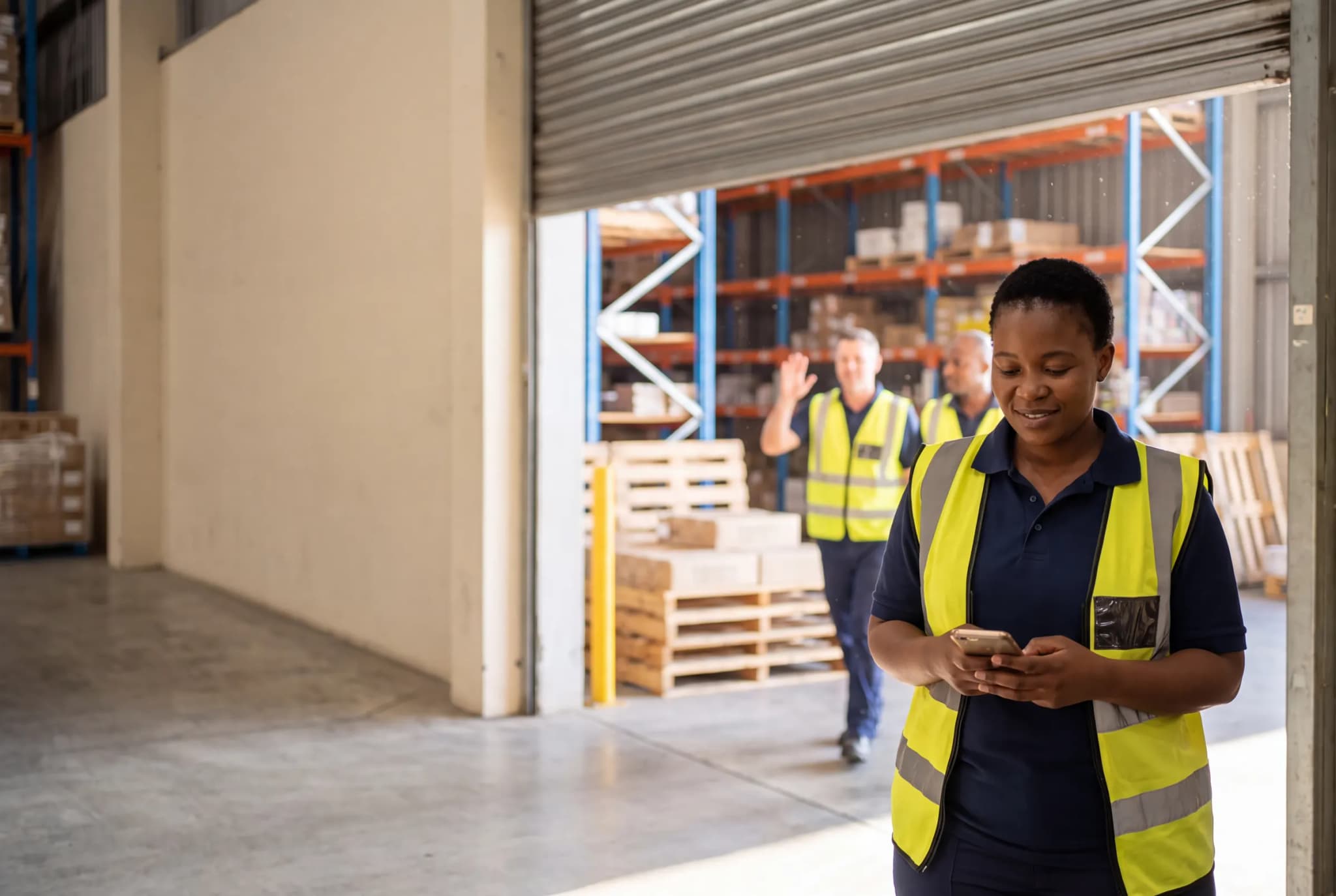 A supervisor in a high-visibility vest checking her phone at the warehouse door while the shift walks in behind her