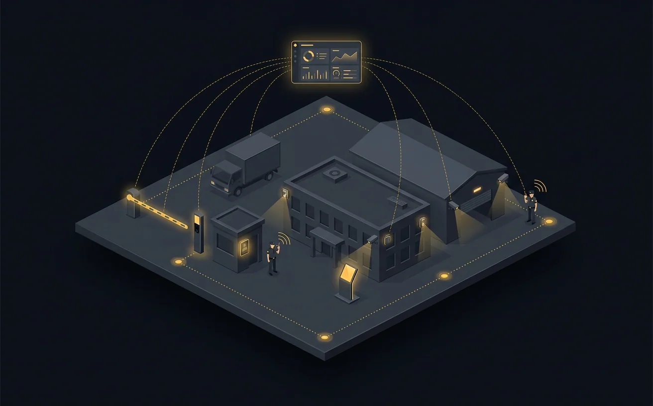 Isometric schematic of a Shepherd-connected site, with boom gate, facial kiosk, radios, patrols and IoT wired to one console
