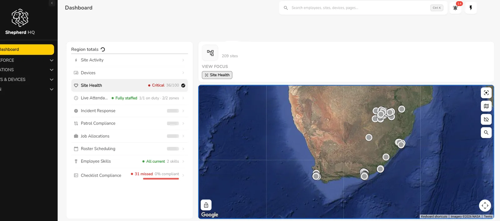 Shepherd HQ dashboard: region totals, site health and 209 sites on a live map of South Africa